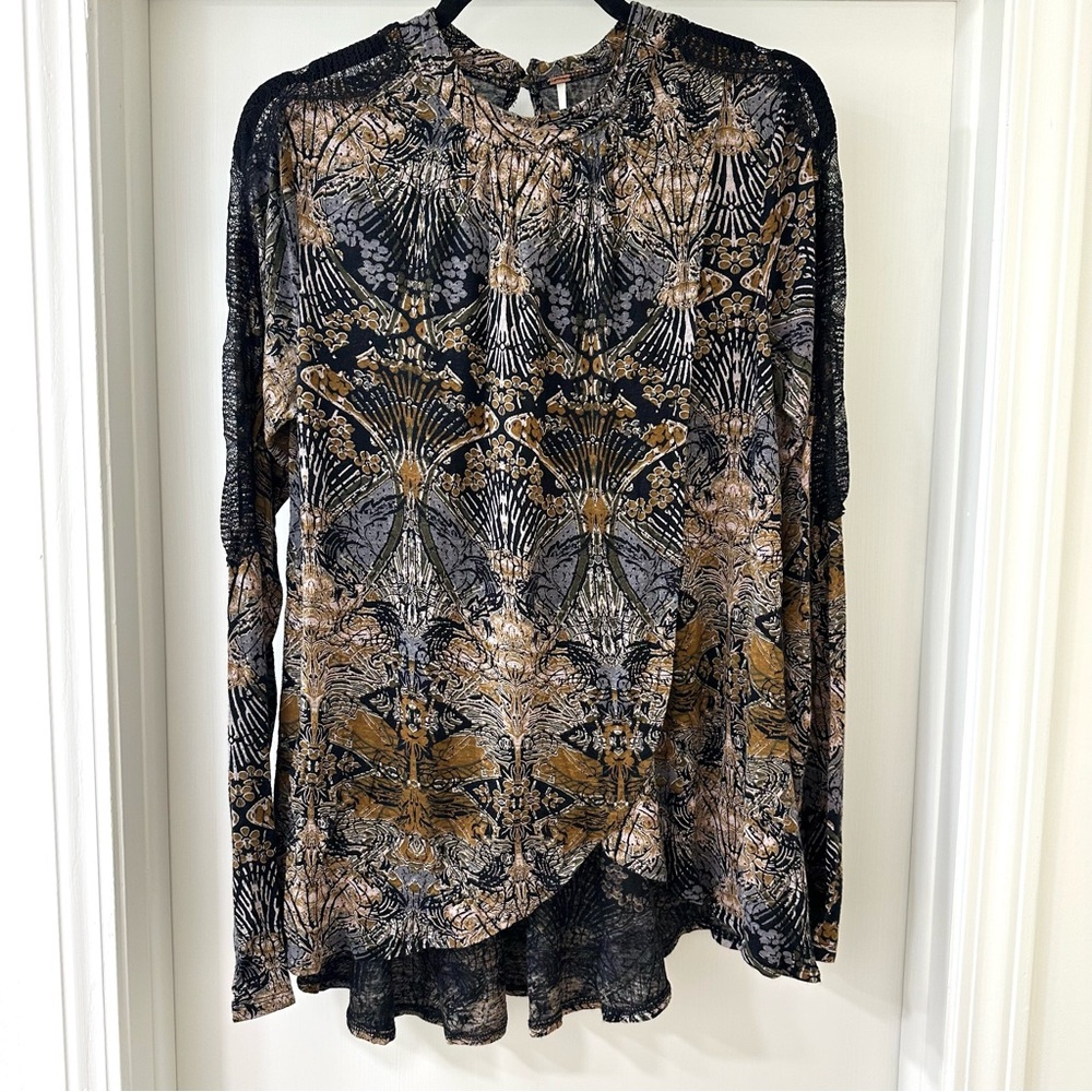 Free People Black & Brown Nouveau New World Drape Long Sleeve Blouse, Sz Large